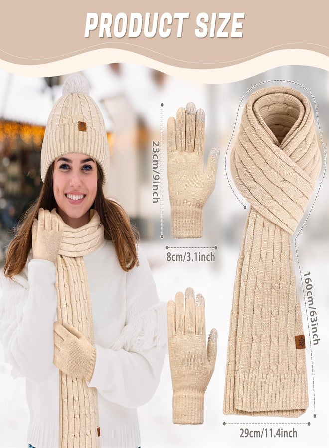 Horolam Winter Hat Scarf Gloves Set, Warm Knit Beanie Hat with Pom Pom Touch Screen Gloves for Women for Christmas Cold Weather Gifts - Image 4